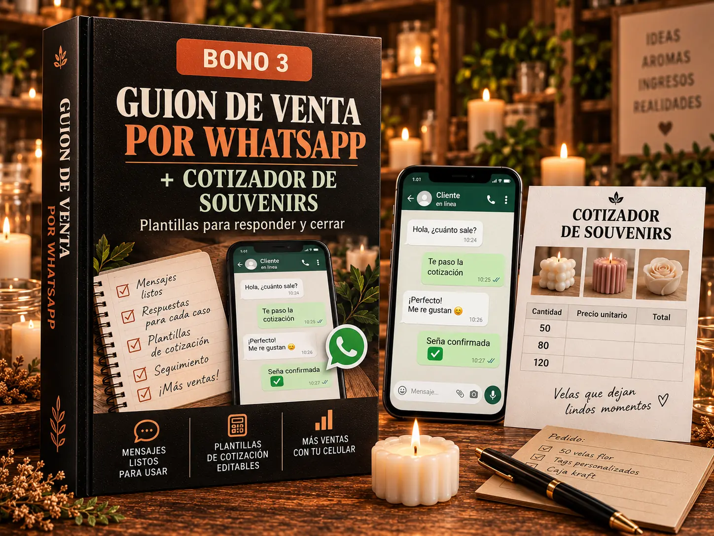 Bono 3 — Guion de venta por WhatsApp y cotizador de souvenirs