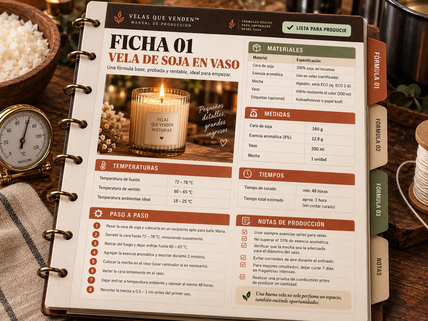 Ficha interna de fórmula de vela de soja en vaso