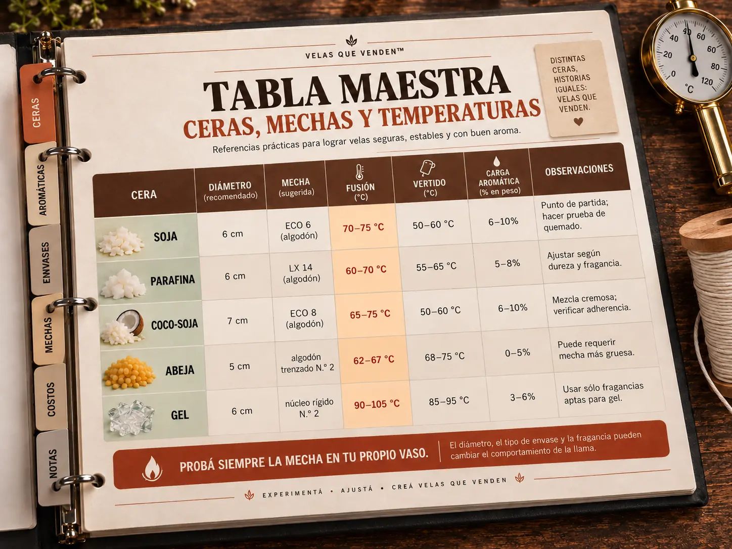 Tabla técnica de mechas, ceras y temperaturas